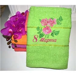 Махровое полотенце "8 Марта-Розы"-зелен. 70*140 см. хлопок 100%