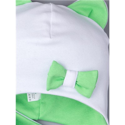 Шапка трикотажная для девочки, кошачьи ушки, на завязках, бантик + нагрудник, зеленый с белым