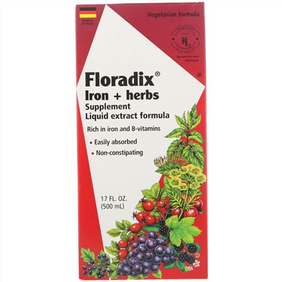 Flora, Floradix, добавка с железом и травами, формула с жидким экстрактом, 500 мл (17 жидк. унций)