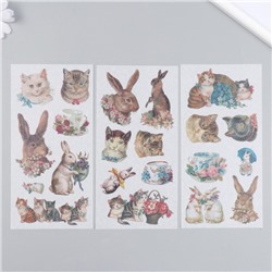 Наклейки для творчества бумага "Кошечки и кролики" набор 3 листа 10х20 см