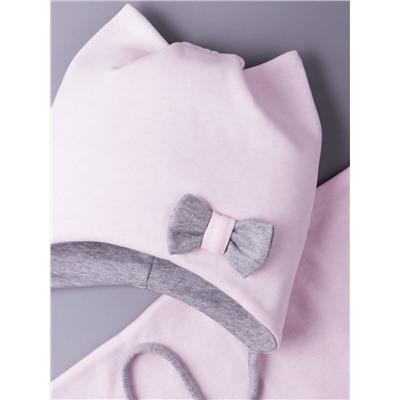 Шапка трикотажная для девочки с ушками на завязках, сбоку бантик + нагрудник, светло-розовый
