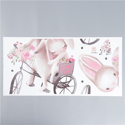 Наклейка пластик интерьерная цветная "Зайчики на велосипеде" 30х60 см