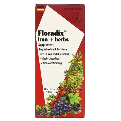 Flora, Floradix, добавка с железом и травами, формула с жидким экстрактом, 250 мл (8,5 жидкой унции)