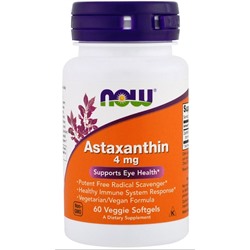 Антиоксидант Астаксантин Astaxanthin 4 mg Now 60 капс.
