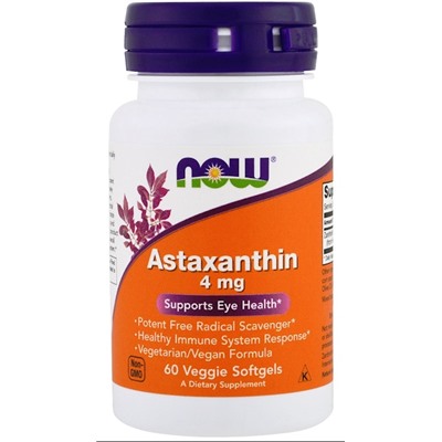 Антиоксидант Астаксантин Astaxanthin 4 mg Now 60 капс.