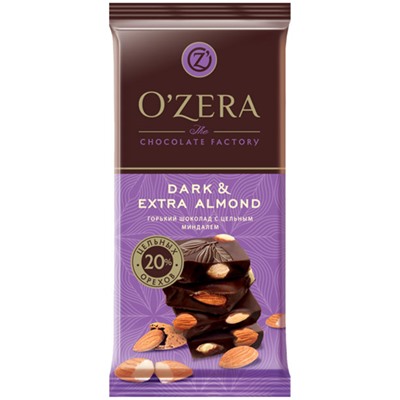 «OZera», шоколад горький с цельным миндалем Dark & Extra Almond, 90г