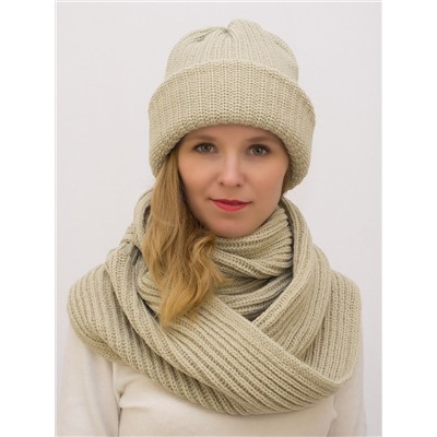 Комплект зимний женский шапка+снуд Ирина (Цвет лен), размер 56-58, шерсть 30%