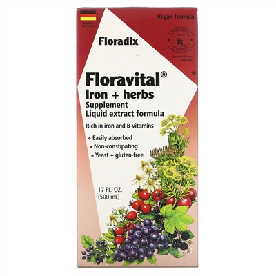 Flora, Floradix, Floravital, добавка с железом и травами, формула с жидким экстрактом, 500 мл (17 жидких унций)