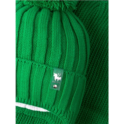 Шапка вязаная для девочки с бубоном на завязках, сбоку нашивка единорог + снуд, зеленый