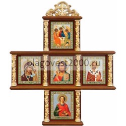 Иконостас домашний в резном киоте, крест, 5 ликов, Пантелеймон 18 Х 15 см.
