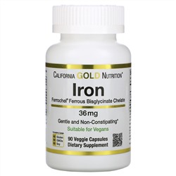 California Gold Nutrition, Ferrochel, железо (биглицинат), 36 мг, 90 растительных капсул