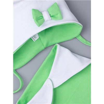 Шапка трикотажная для девочки, кошачьи ушки, на завязках, бантик + нагрудник, зеленый с белым