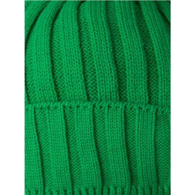 Шапка вязаная для девочки с бубоном на завязках, сбоку нашивка единорог + снуд, зеленый
