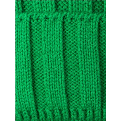Шапка вязаная для девочки с бубоном на завязках, нашивка единорог + снуд-труба, зеленый