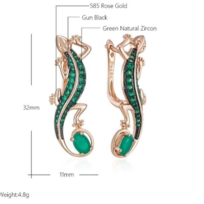 Серьги ящерицы крупные, покрытие позолота 585 пробы,H1698, арт.212.018